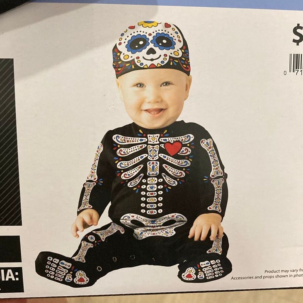 Baby Sugar Skull Halloween Costume 0-6 Months Jumpsuit & Cap